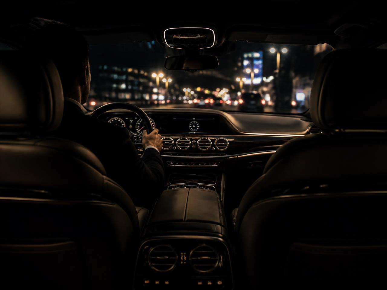 Interior d'un vehicle amb xofer de nit