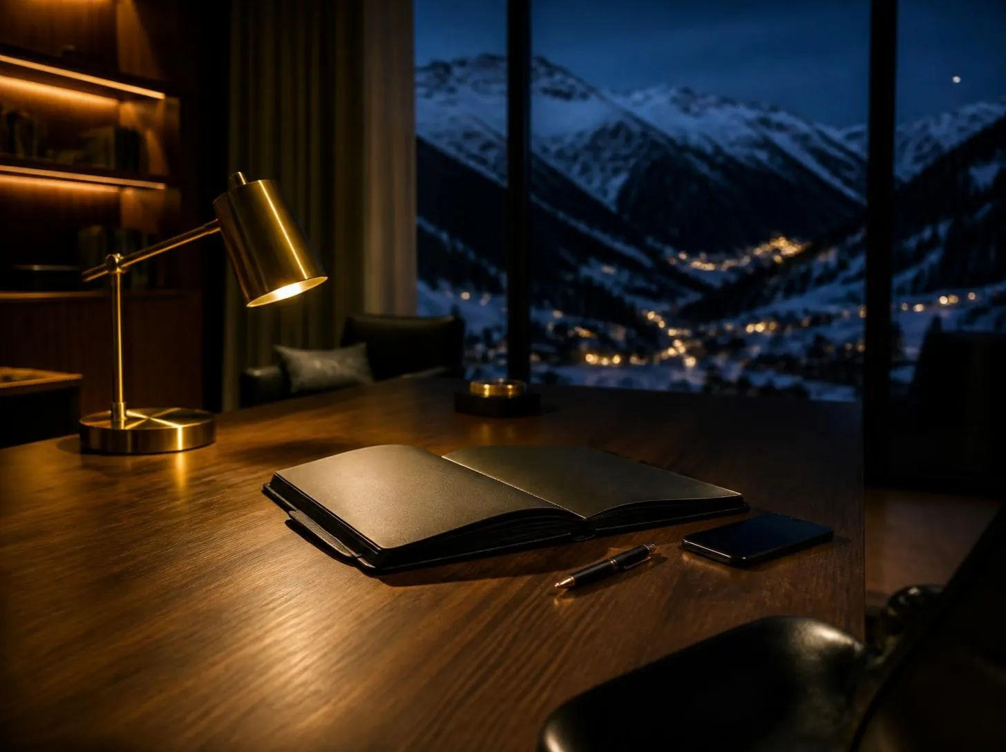 Despatx privat de nit, amb una agenda de pell i un llum de llautó, i una vall nevada a la finestra